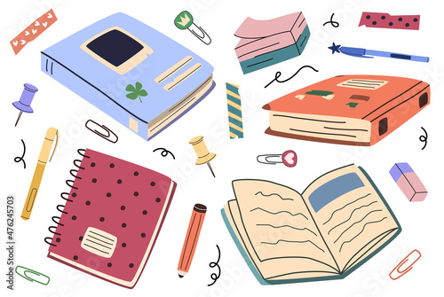 Hand drawn cute illustration set of stationery. Notebook, eraser, pen, clip. Flat vector collection of sticker or icon in simple colored doodle style. Study, write, productivity, planning. Isolated.
