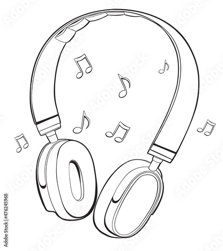 Black and white drawn musical headphones and notes outline design