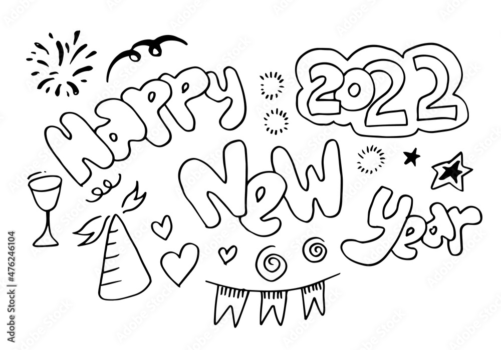 Happy new Year 2022 Design Hand Drawn Doodle Style New Year.Design template Celebration typography poster.