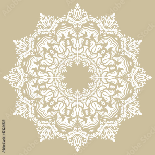 Oriental vector white pattern with arabesques and floral elements. Traditional classic round white ornament. Vintage pattern with arabesques
