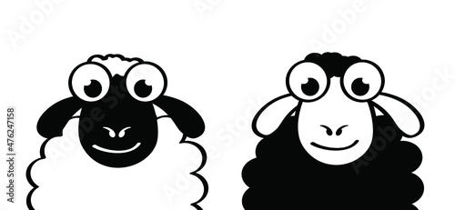 Cartoon, comic cute black and white sheep stickman. sheep icon. Drawing black sheep lamb sign or pictogram. Stick figure character. Happy animal face. Vector