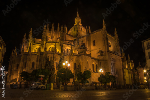 Segovia, Spain, October 2019 - Night view of the Cathedral of Segovia