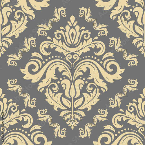 Classic seamless vector pattern. Damask orient gray and golden ornament. Classic vintage background. Orient ornament for fabric, wallpapers and packaging