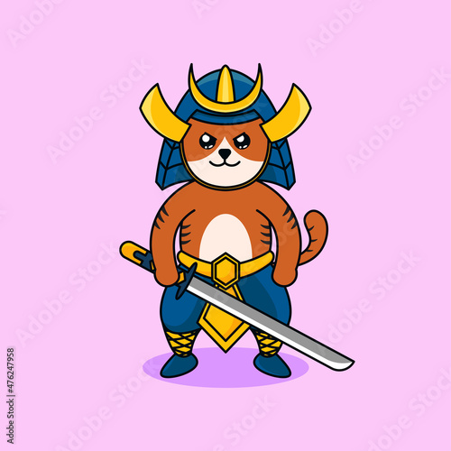 Cute cat samurai with sword character