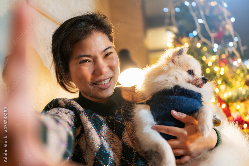 young asian female adult hand using smartphone taking selfie photo with her little puppy dog with smiling and happiness feeling in christmas and new year festive weekend holiday vacation at home young asian female adult hand using smartphone taking selfie photo with her little puppy dog with smiling and happiness feeling in christmas and new year festive weekend holiday vacation at home