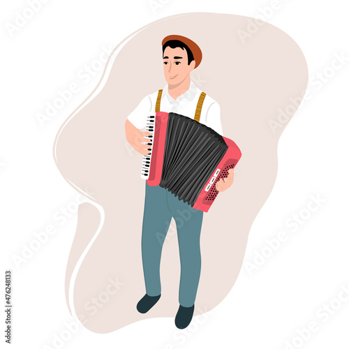 Happy man plays the accordion. Music festival concept. Flat style. Cartoon vector illustration.