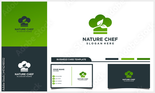 chef head logo with green leaf logo concept with business card template