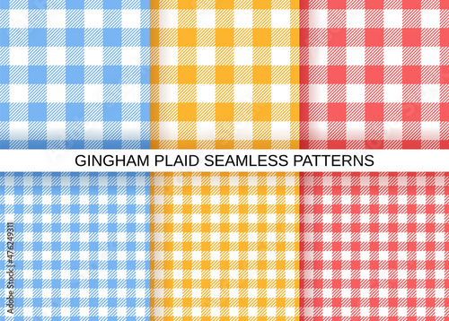 Gingham seamless pattern. Check textures. Set of vichy backgrounds. Blue, red, yellow plaid prints. Cloth textile grids. Simple flannel backdrops. Pastel retro wallpaper. Vector illustration.