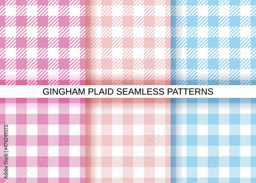 Gingham vichy seamless patterns. Set of plaid backgrounds. Checkered textures. Retro flannel wallpapers. Pastel blue, pink prints. Simple tablecloth backdrops. Cloth textile grid. Vector illustration