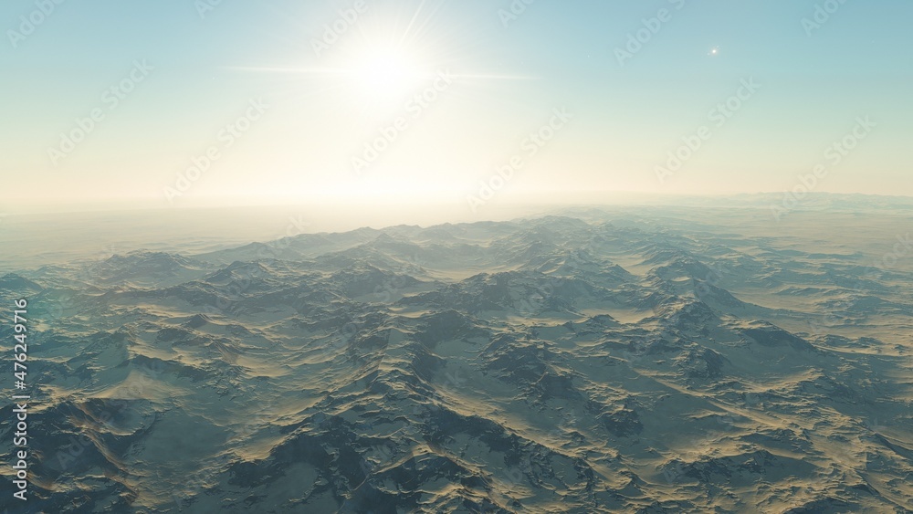 realistic surface of an alien planet, view from the surface of an exo-planet, canyons on an alien planet, stone planet, desert planet 3d render