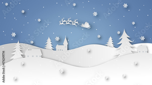 Landscape of snowy countryside and Santa Claus flying on the sky in winter. Merry Christmas and Happy New Year. paper art design. vector, illustration. © ibom
