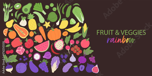 Fruit and veggies rainbow banner. Plant-based food pattern on dark background