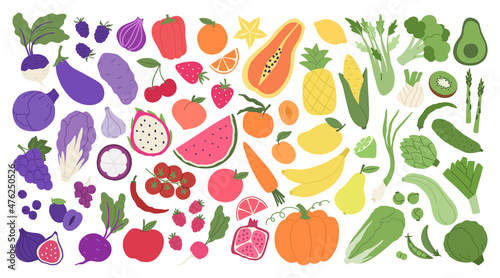 Fruit and veggies rainbow. Set of illustrations with various colorful vegetables, fruits and berries.