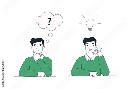 Man is looking for an idea, pondering a question. Flat vector illustration.