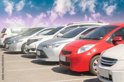  car parking in a row in stock background. Vehicle transportation trip inventory