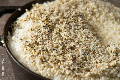 Hemp seeds on rice,Delicious freshly cooked cauldron rice