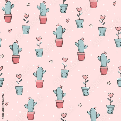 cute seamless pattern with cactuses and flowers in pots on pink background. Good for nursery prints, textile, valentine's day wrapping paper, scrapbooking, stationary, wallpaper, etc. EPS 10