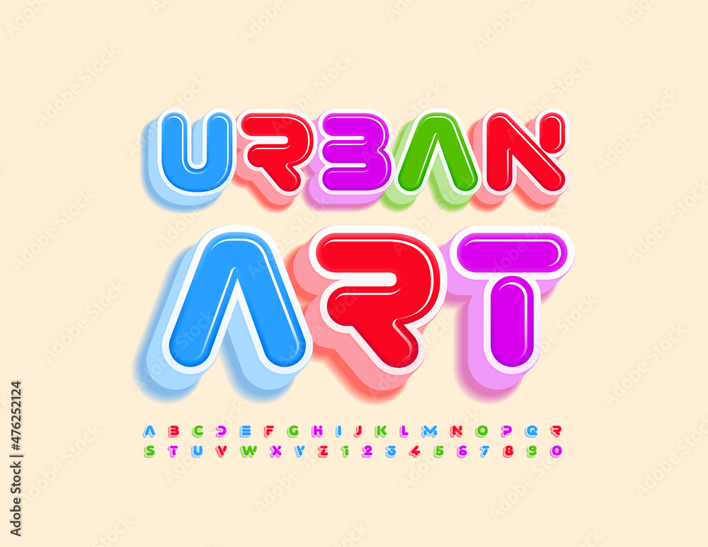Vector creative Emblem Urban Art. Kids Bright 3D Font. Artistic Alphabet Letters and Numbers set. 
