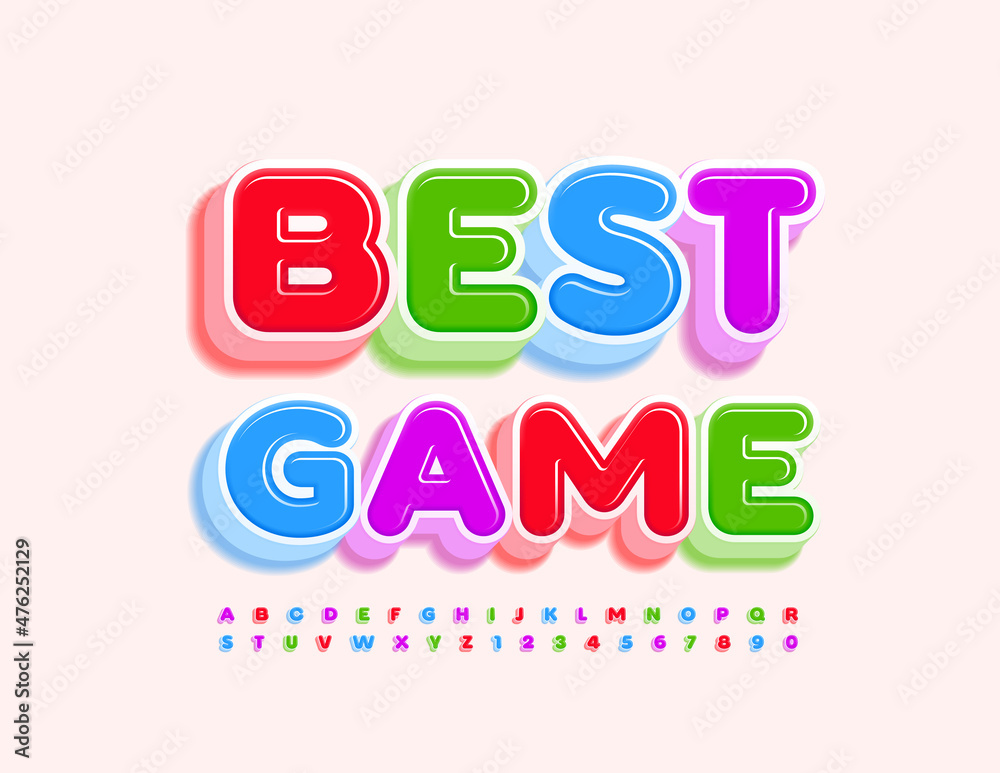 Vector briht banner Best Game. 3D Kids Font. Colorful set of isometric Alphabet Letters and Numbers set
