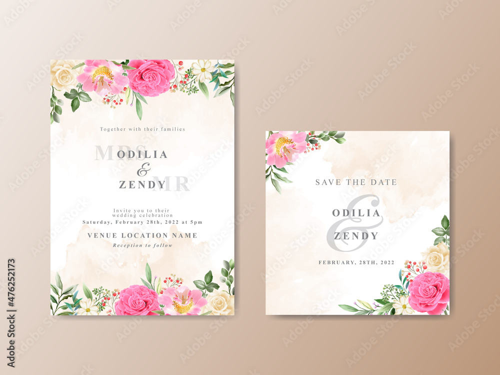 Beautiful pink and yellow flowers wedding invitation card