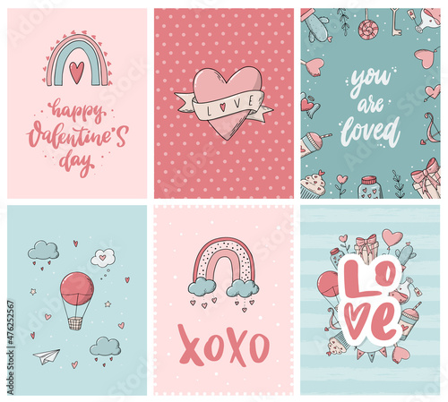 set of six Valentine's day greeting cards decorated with lettering quotes and doodles. Good for posters, invitations, prints, wallpaper, scrapbooking, etc. EPS 10