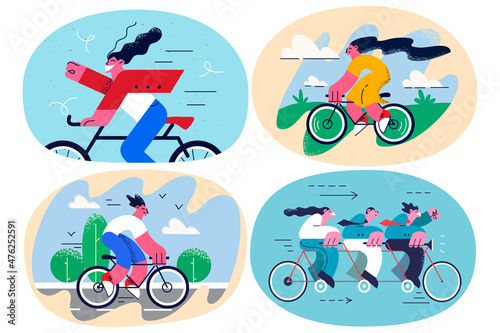 Set of smiling person do sports ride bicycle outside