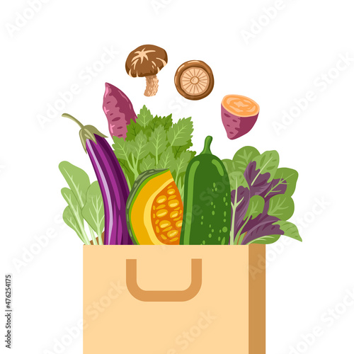 Paper package with products, exotic asian vegetables. Shiitake mushroom, batat, purple eggplant, amaranth greens. Grocery purchase, shopping bag vector flat illustration.