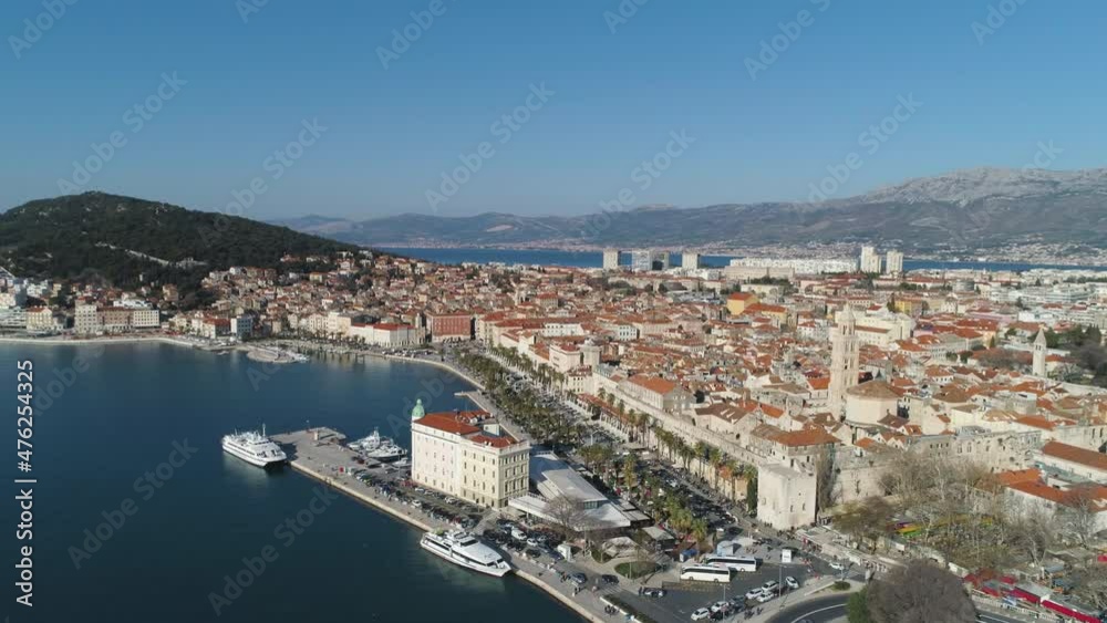 Aerial Orbit Around The Port Of Split, Croatia With City Buildings