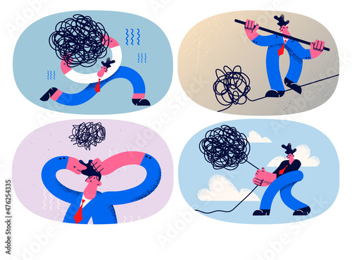 Set of stressed businessman try to unravel cable