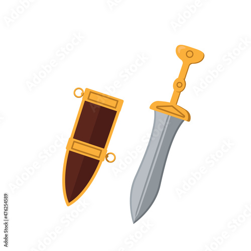 The dagger of an ancient Roman legionary. Color vector illustration, flat style. White isolated background.