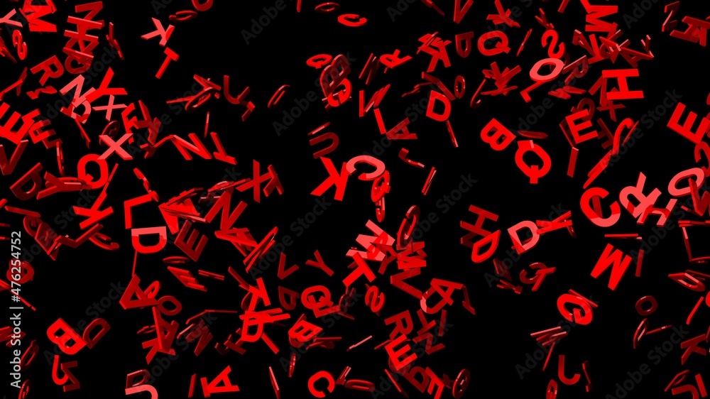 Red alphabets on black background.
3D abstract illustration for background.