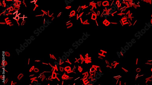 Red alphabets on black background. 3D abstract illustration for background.