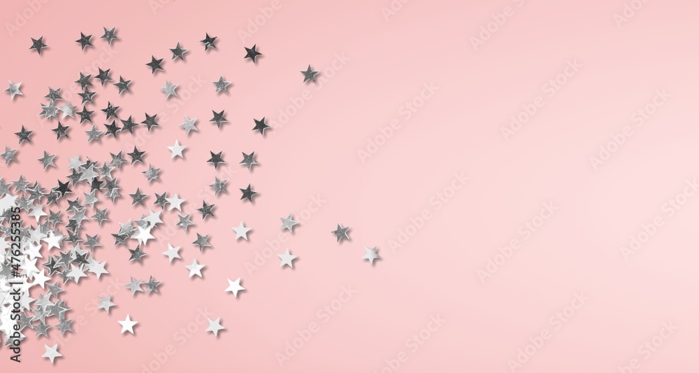 Obraz premium Silver stars confetti on a pink pastel background. Holidays banner with place for text.