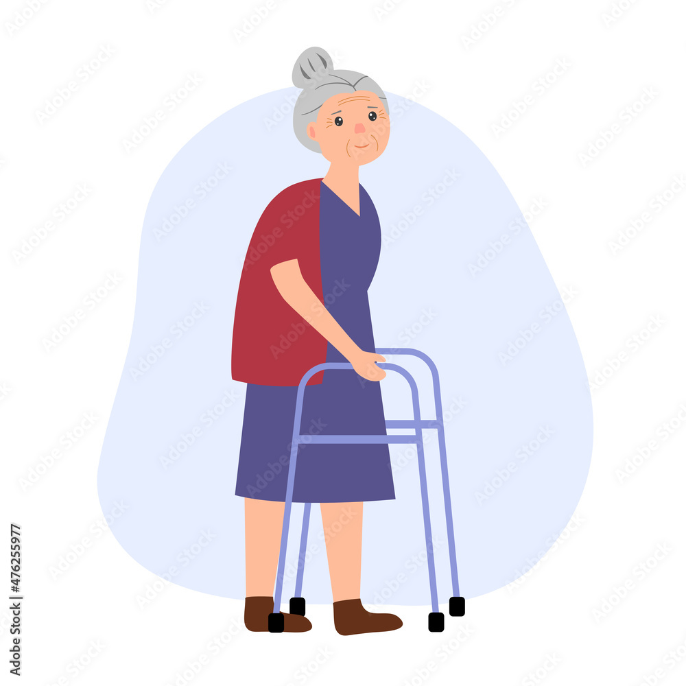 Senior woman using walker support in flat design on white background. Senior woman using walker support in flat design on white background.