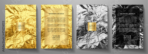 Contemporary gold cover, frame design set. Creative premium abstract with silver, gold foil texture (wrinkled) background. Luxury vector collection for invitation, brochure template, grunge layout a4