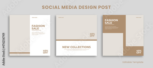 Set 3 of Editable Social Media Instagram Design Post Template with Minimalist Style. Suitable for Post, Sale Banner, Promotion, Ads, Advertising, Product Fashion, Beauty, Salon, Presentation