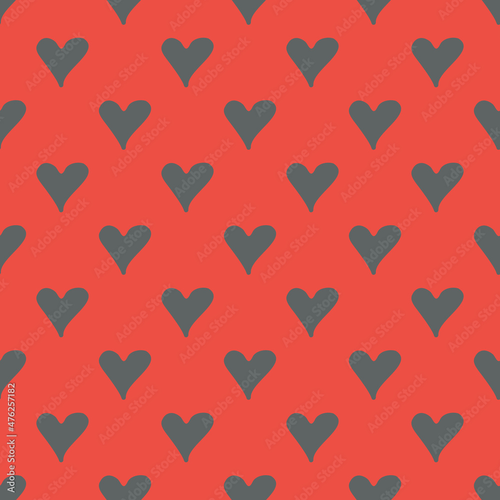 Seamless pattern with hand-drawn hearts on a red background in boho style.