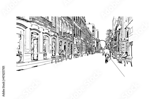 Building view with landmark of Las Palmas is the 
city in Spain. Hand drawn sketch illustration in vector.