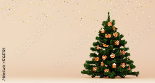 3d render of christmas tree in eco style decorated with cookies.