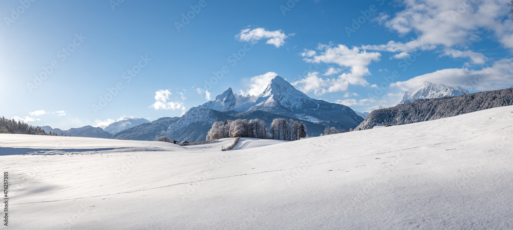 Panorama view of an idylic winter landscape with the snow-covered Watzmann, Berchtesgaden, Bavaria, Germany