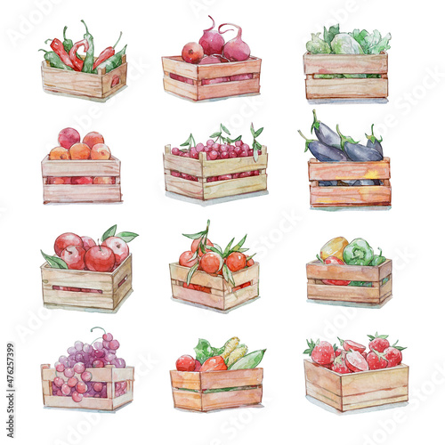  wooden boxes with vegetables and fruits