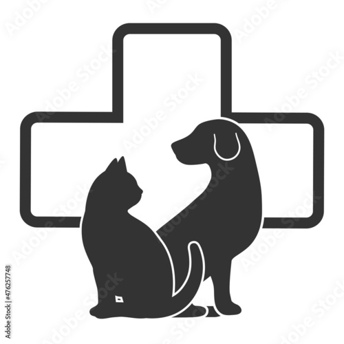 Illustration of the logo of the veterinary clinic. Silhouette of a dog and a cat on the background of a medical cross