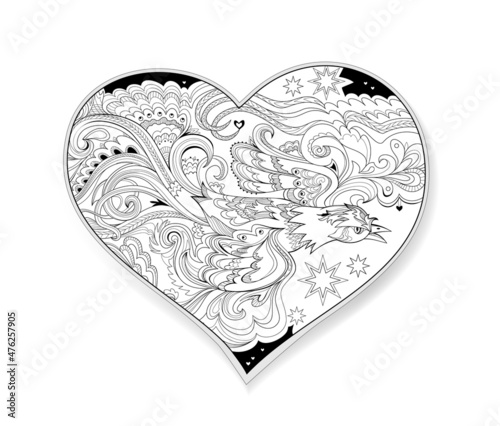 Illustration of fairyland flying firebird in the heart. Print for logo, tattoo, jewelry, decoration, valentine greetings. Coloring book for children and adults. Black and white vector drawing.