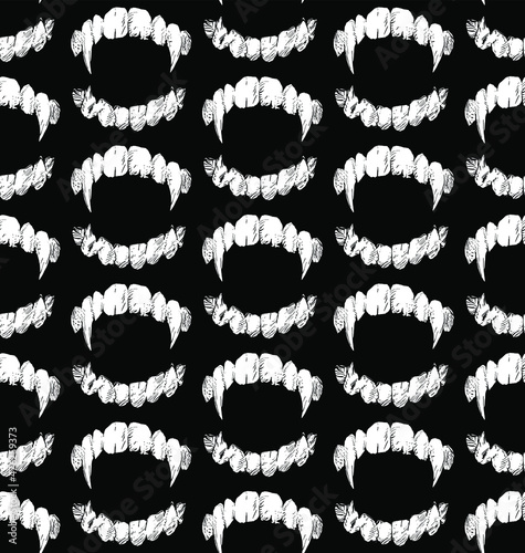 Seamless vector pattern of black and white grunge angry vampire teeth with overgrown canines on black background.