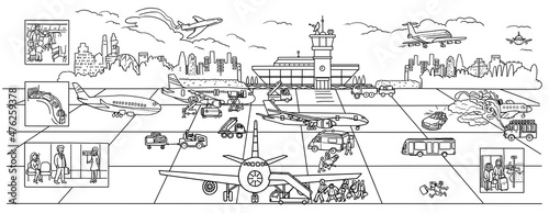 Coloring airport theme. Airplanes on the runway. Tourist, travel and airplane thematic. Poster.