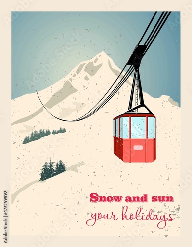 Winter landscape with ropeway station and ski cable cars. Snowy country scene vector illustration. Ski resort concept. For websites, wallpapers, posters or banners