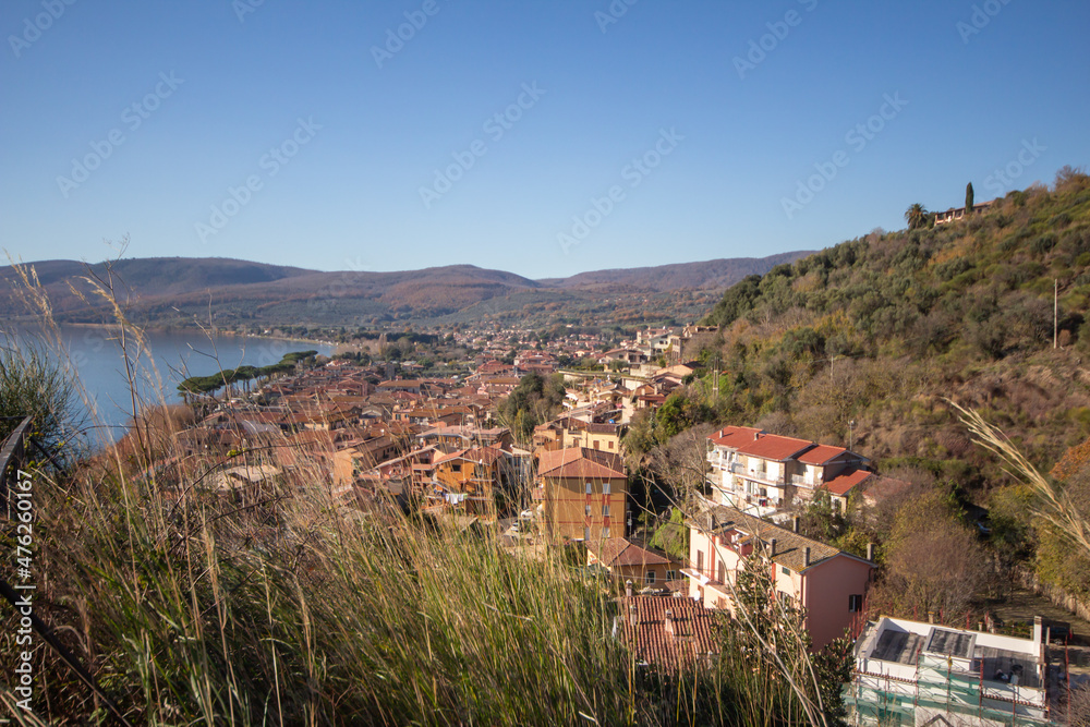 Scenery of Bracciano lake and Trevignano Romano town,Italy.Photography on La Rocca view point 