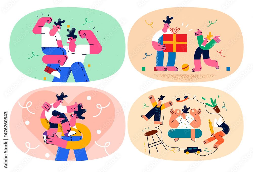 Fototapeta premium Set of loving father have fun play with small kid