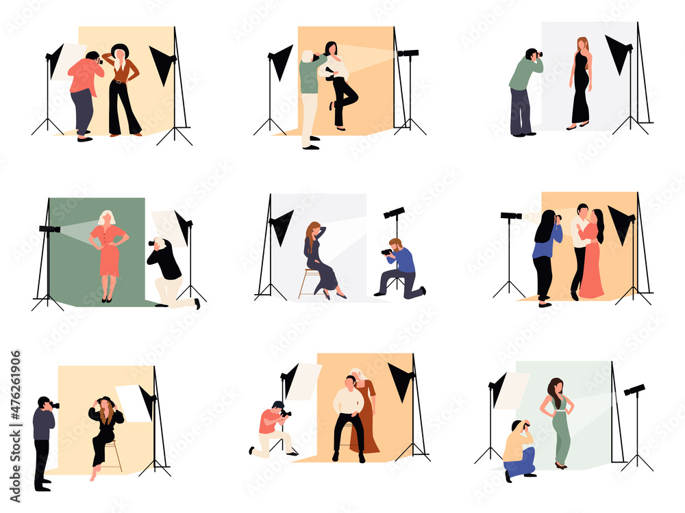 Photographers in studio. Cartoon models working at photo studio in different poses. Men and woman models posing in professional photography studio with cameras and light tripods