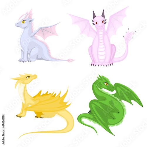 Cartoon dragon. Fantasy dragon, funny fairytale reptile and medieval legends fire breathing serpent cartoon isolated vector set.